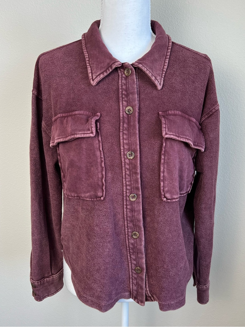 Evereve Mauve Mineral Wash Utility‎ Shacket Shirt Jacket Size S Capsule Wardrobe